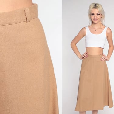 70s Midi Skirt Tan Wool Skirt High Waisted 70s Bohemian Skirt A LINE Skirt Aline Plain Boho Retro 1970s Vintage Extra Small xs 