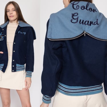Small 70s Color Guard Flag Twirler High School Varsity Jacket | Vintage Split Zip Hood Navy Blue Wool Snap Up Embroidered Letterman Coat 