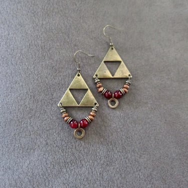 Antique bronze triangle earrings, orange agate 