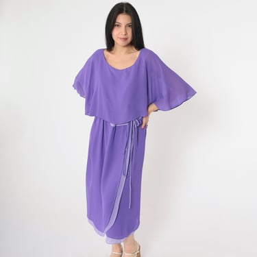 70s Capelet Party Dress Two Tone Purple Vintage 1970s Grecian Dress High Waist Boho Midi Chiffon Drape Gown Formal Bohemian Cocktail Medium 