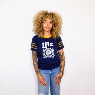 Lite Beer Ringer Shirt // vintage 70s 80s cotton boho tee t-shirt t top blouse thin hippy a fine pilsner beer // S/M 