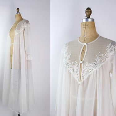 80s White Sheer Nightgown Robe / Vintage Ivory robe / Wedding Robe / Lace lingerie/ Bridal Robe / Size S/M 