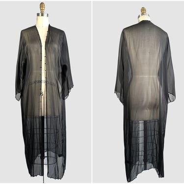 SHEER SPLENDOR Marie France Van Damme Silk See Through Kimono | Black Chiffon Cover Up with Beads | Luxury Resort Designer | Open Size 