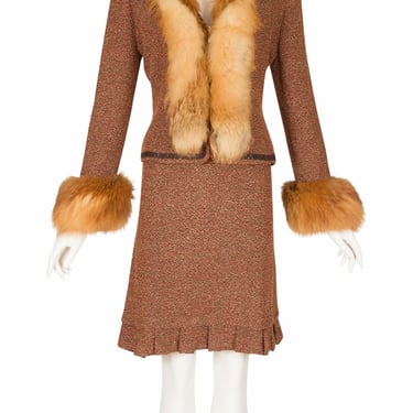 St John Couture 2000s Vintage Red Fox Fur Trim Boucle Three-Piece Suit Sz M 