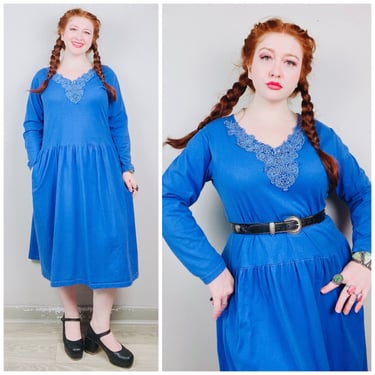 1990s Vintage Blue Cotton FADS Smock Dress / 90s / Nineties Lace Applique Long Sleeve Knit Dress / Size Medium - XL 