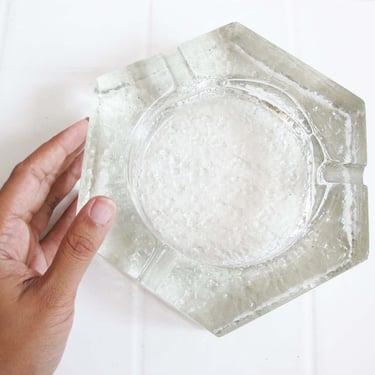 Mid Century Heavy Clear Glass Ashtray - Vintage 1960s MCM Hexagonal Textured Ash Tray - Catchall Key Coin Dish 