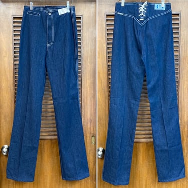 Vintage 1980’s -Deadstock- w28 “Rag City Blues” Dark Denim New Wave Glam Lace-Back Straight Leg Jeans Pants, 80’s Vintage Clothing 