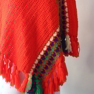 Vintage Knit Poncho 70s Handmade Red, Green, Navy Blue, and Pale Yellow Fringe and Striped Poncho with Tassels 
