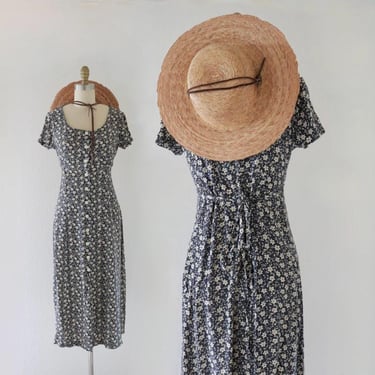 tie back black floral dress - s - vintage womens y2k 90s dark floral size small navy blue short sleeve long maxi dress 