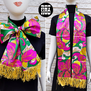 DEADSTOCK Groovy Vintage 60s 70s Bright Green Pink-Purple Floral Long Scarf with Fringe 