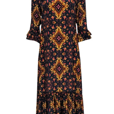 Kachel X Anthropologie - Navy, Gold, & Pink Print Silk Blend Maxi Dress Sz 8