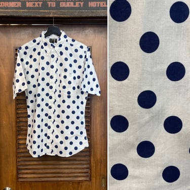 Vintage 1960’s Ivy League Atomic Mod Style Polka Dot Print Cotton Button Down Short Sleeve Shirt, 60’s Vintage Clothing 