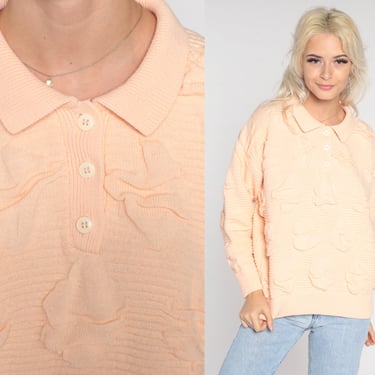 Peach Polo Sweater 80s Textured Knit Pullover Sweater Collared Preppy Button up Jumper Vintage 1980s Acrylic Medium 