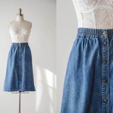 denim knee length skirt | 80s 90s plus size vintage light wash faded elastic waist jean skirt 