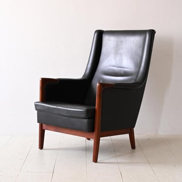 Vintage Karl Erik Ekselius Black Faux Leather Lounge Chair with Wooden Frame 