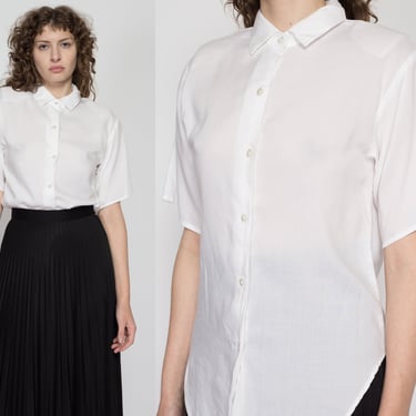 Medium 80s White Short Sleeve Collared Top | Vintage Plain Button Up Long Tails Shirt 