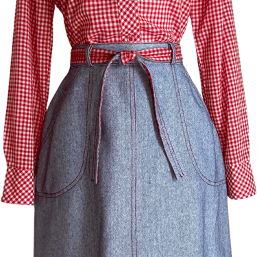 70s Gingham And Chambray Shirt And A-line Skirt Set By Joyce