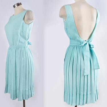 Aqua Blue 1960's Backless Dress, Pleated Skirt, by COLE of Calif, Vintage Sun Dress 