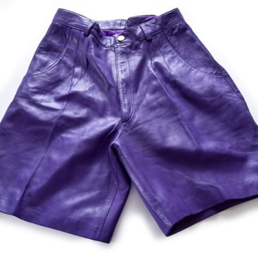 Purple Leather Trouser Shorts BAGAZIO, 30, Pleats, Short Pants, Vintage 1980's Supple Pleated Bermuda Trousers 