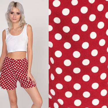 Polka Dot Shorts 70s Mod Shorts High Waisted Rise Red White Pinup Retro Summer Pin Up Mid Length Boho Girly Vintage 1970s Extra Small xs 