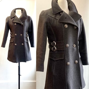 Vintage 60s MOD Coat / Military Style PEACOAT / Silver Side Buckles + Silver Buttons / QUILTED Lining / Rovercoat Styled by Arthur Jay 