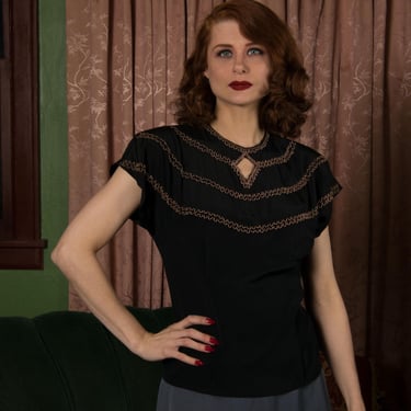 1940s Blouse - Terrific Black Beaded 40s Blouse with Loops of Beading and Keyhole Neckline 