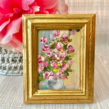 Petite Painting, Floral, Framed Oil Painting, Small, 70s 80s Original Art 