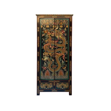 Chinese Tibetan Dragon Flower Graphic Tall Slim Wardrobe Cabinet cs7457E 