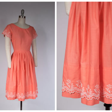 1960s Day Dress - Charming Vintage 60s Coral Summer Dress with Scalloped Embroidery 