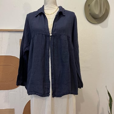 Blue Linen Single Button Long Sleeve Oversized Collar Shirt Made in Italy 