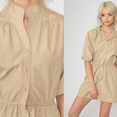 70s Mini Dress Tan Button Up Shirtdress High Waisted Khaki Secretary 1970s Vintage Retro Short 1/2 Sleeve Small 