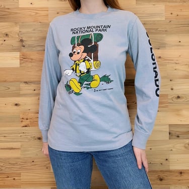 RARE 70's Disney Mickey Mouse Vintage Velva Sheen Rocky Mountain National Park Colorado Long Sleeve Tee Shirt T-Shirt 