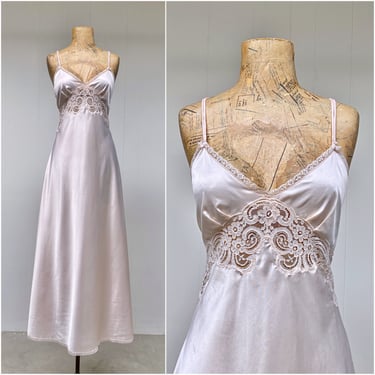 Vintage 1970s Christian Dior Nightgown, Bias Cut Blush Nylon/Lace Empire Waist Maxi, Designer Lingerie, Small 34