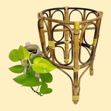 Vintage Plant Stand Retro 1980s Bohemian + Rattan and Straw + Small Size + Round + For Tabletop or Floor + Boho Home Decor + Plant Display 