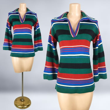 VINTAGE 70s Striped Color Block Sweater with Bell Sleeves Sz Small | 1970s BOHO Hippie Sweater | Colorful Jewel Tone Knit Top | VFG 