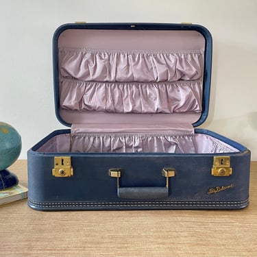 Vintage Lady Baltimore Navy Blue Suitcase - Vintage Luggage - Brass Hardware 