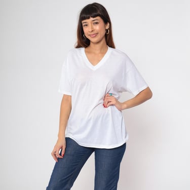 White V Neck Shirt 80s Burnout Tee Shirt Single Stitch Plain Tshirt Vintage Tee Slim Fit Cotton Poly T Shirt Semi Sheer 1980s Large XL 