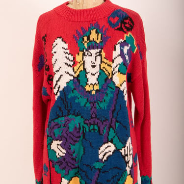 Vintage 1980s novelty knit queen playing card pullover cotton sweater M L 