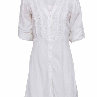120% Lino - White Long Sleeve Linen Dress w/ Sparkle Middle Front Sz 8