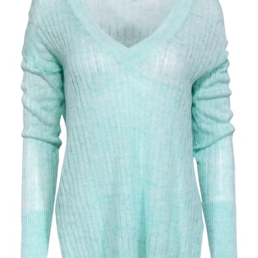 White & Warren - Mint Green V-Neck Ribbed Knit Sweater Sz L