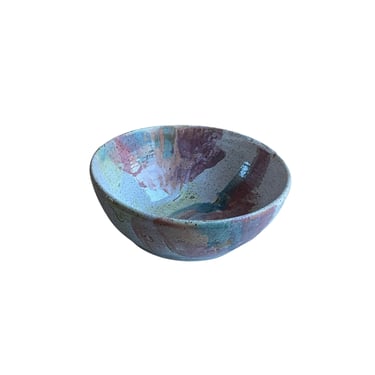 Vintage Pink Blue Drip Glaze Speckled Stoneware Studio Pottery Bowl, signed Aviyenne (?) 
