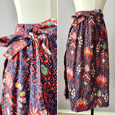 Vintage Wrap Style Skirt, Batik Look Pattern, High Waist, Pockets, Hippie, Boho 