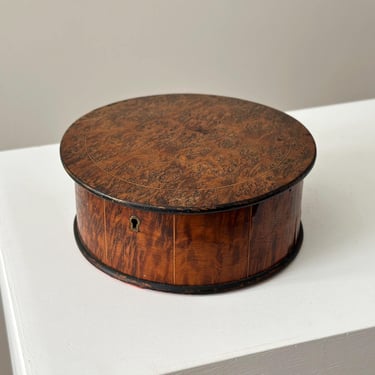 19th Century Antique French Burl Veneer Jewelry Box Napoleon III Era Mahogany Round Keepsake Box 