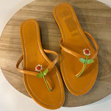 Amanda Smith Floral Embellished 90s Orange Leather Thong Sandals Size 8.5 