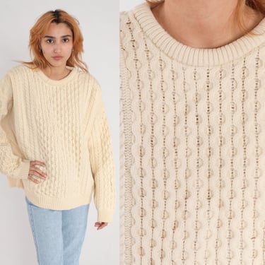 Irish Wool Sweater Cable Knit Cream 80s Fisherman Slouchy Knit Aran Crafts Boho Pullover Cableknit 1980s Jumper Vintage 2xl xxl 