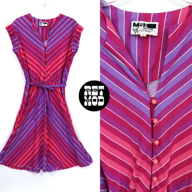 Gorgeous Vintage 70s 80s Pink Purple Stripe Fit & Flare Jersey Dress 