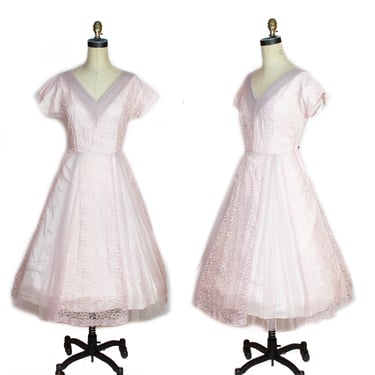 1950s Dress ~ Pink Lace Full Skirt Dress 