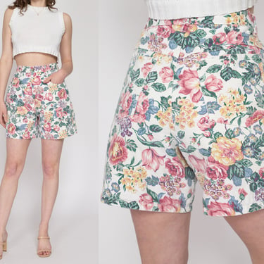 Medium 90s Floral High Waisted Denim Shorts 29" | Vintage White Flower Print Jean Shorts 