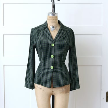 vintage 1990s slim fit blazer • Y2K neon green & black plaid tailored jacket 