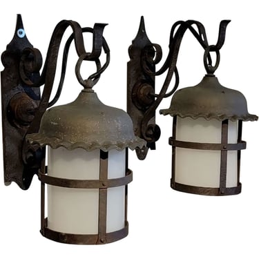 1925 Pair Antique European Style Patinated Iron Cylinder White Shade Hooded Round Lantern One Light Hanging Sconce and Bracket Fixture 